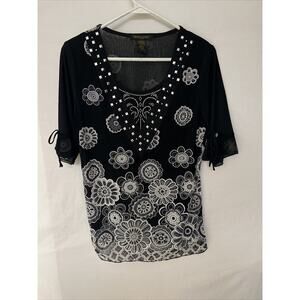 Design Works Blouse Petite Large Black Floral Chiffon Embellished Lined